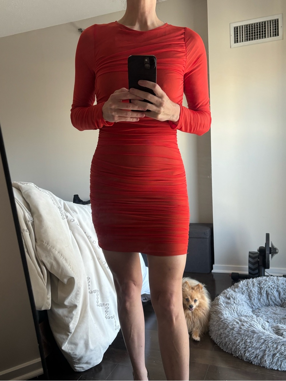 AKIRA Orange Long Sleeve Ruched  Dress